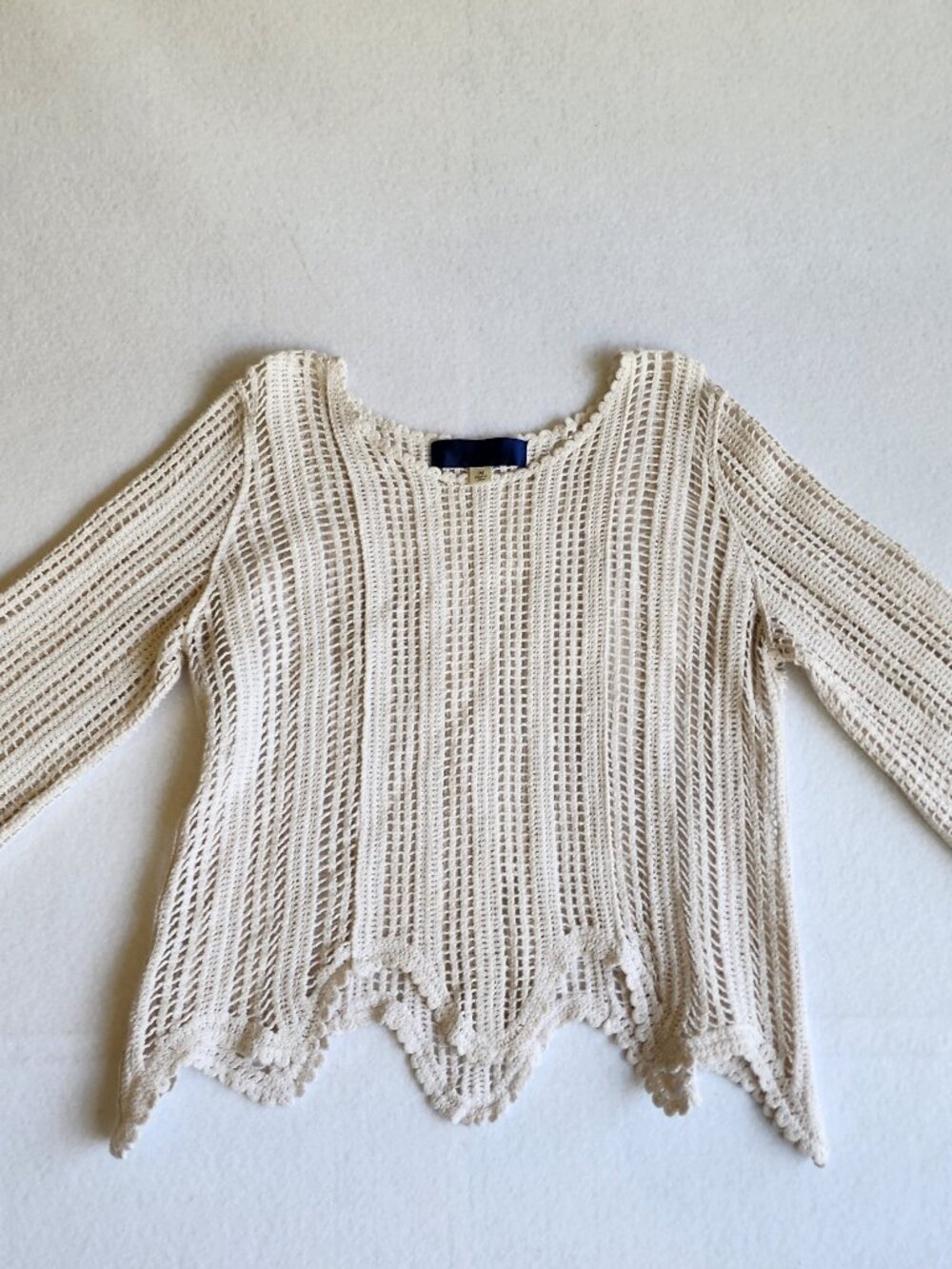 Francesca’s Cream Crochet Knit Long Sleeve Top Scallop Hem Boho Beach